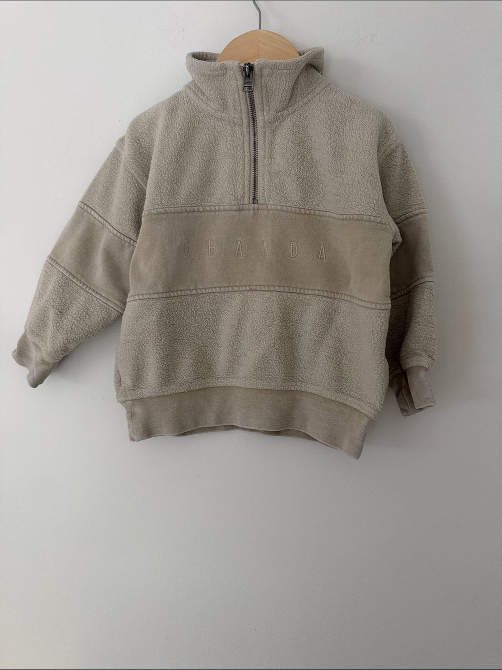 Ghanda Kids Zip-Up Fleece Logo Pullover in Light Taupe Size 3-4 Years